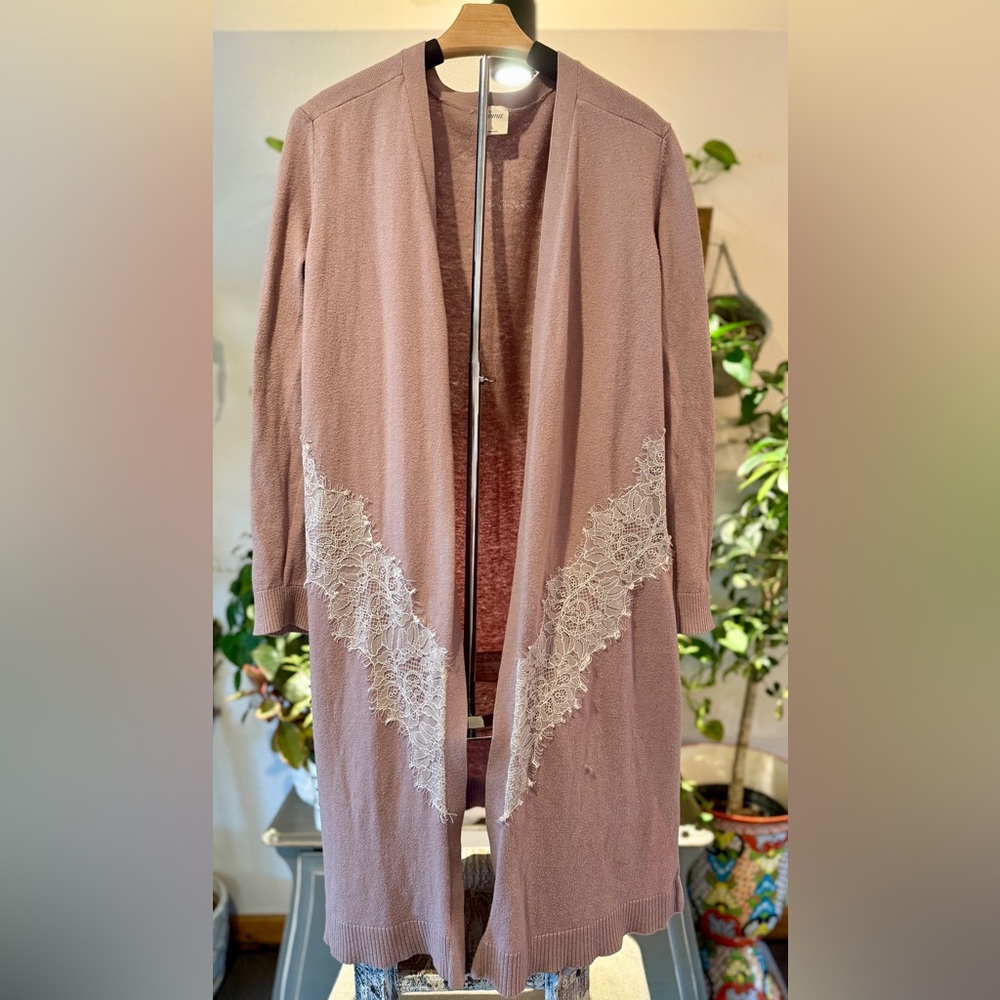 Soma Dusty Pink Mauve Open Front Lace Accent Cardigan Duster Sz Large